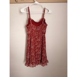 Red Floral Mini Dress Ruffle Sweetheart Neckline Spaghetti Strap Fit & Flare